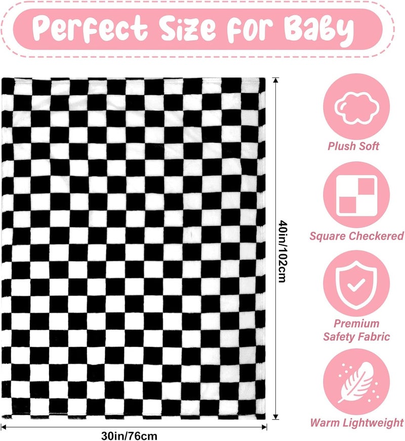 GreatBba Plush Checkered Baby Blanket for Boys Girls Nursery, 30"*40" Warm Short Fleece Blanket Neutral for Infant Newborn, Small Fuzzy for Sleeping, Chenille Baby for Stroller (Black&White) - Image 5